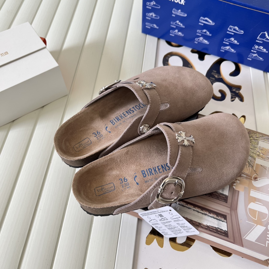 Birkenstock Suede Cross Buckle Clogs Taupe