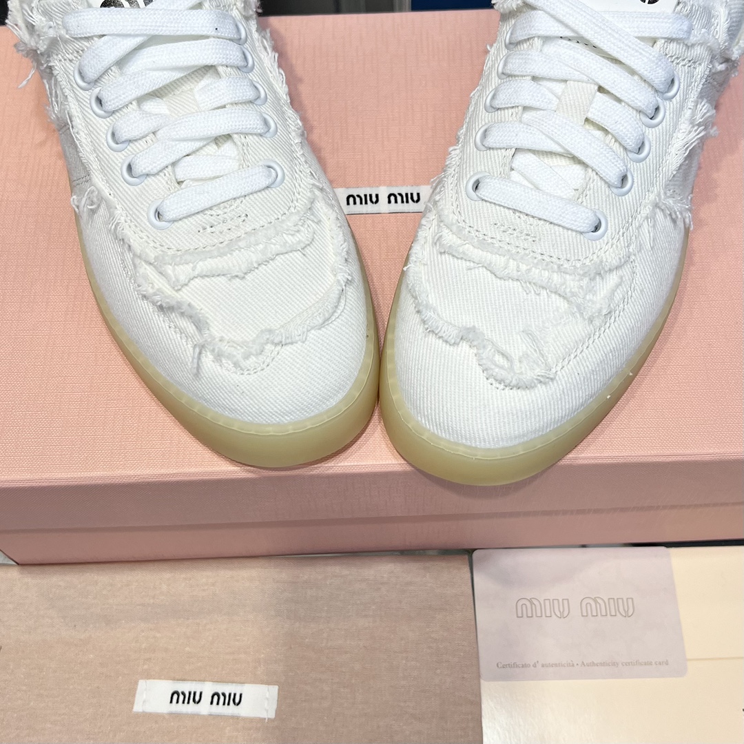Miu Miu Frayed Canvas Sneakers White