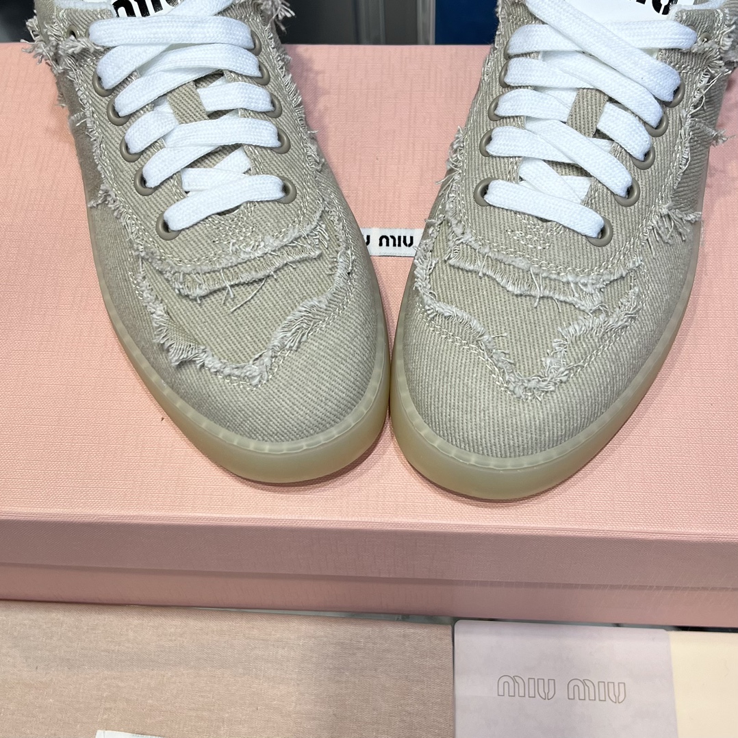Miu Miu Distressed Fringe Canvas Sneakers Beige
