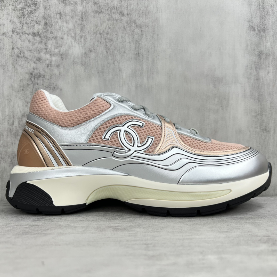 Chanel Mesh Leather Sneakers Silver Pink