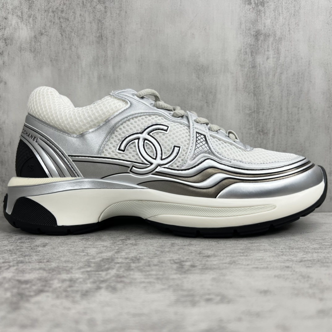 Chanel Mesh Leather Sneakers Silver