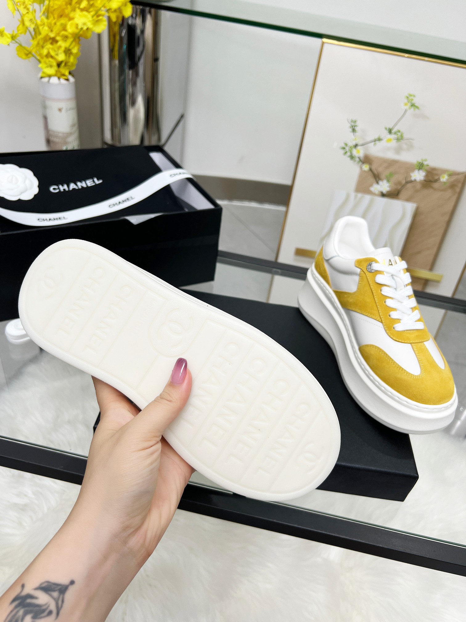 Chanel 25C Platform Sneakers White/Yellow
