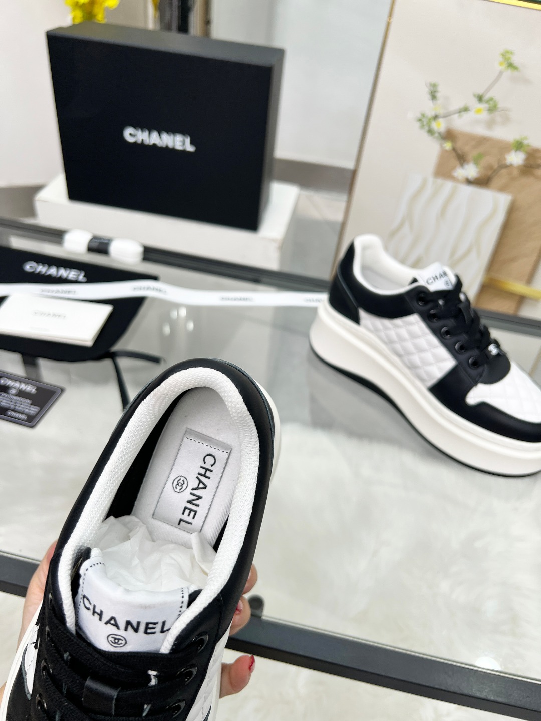 Chanel 25C Quilted Platform Sneakers Black/White