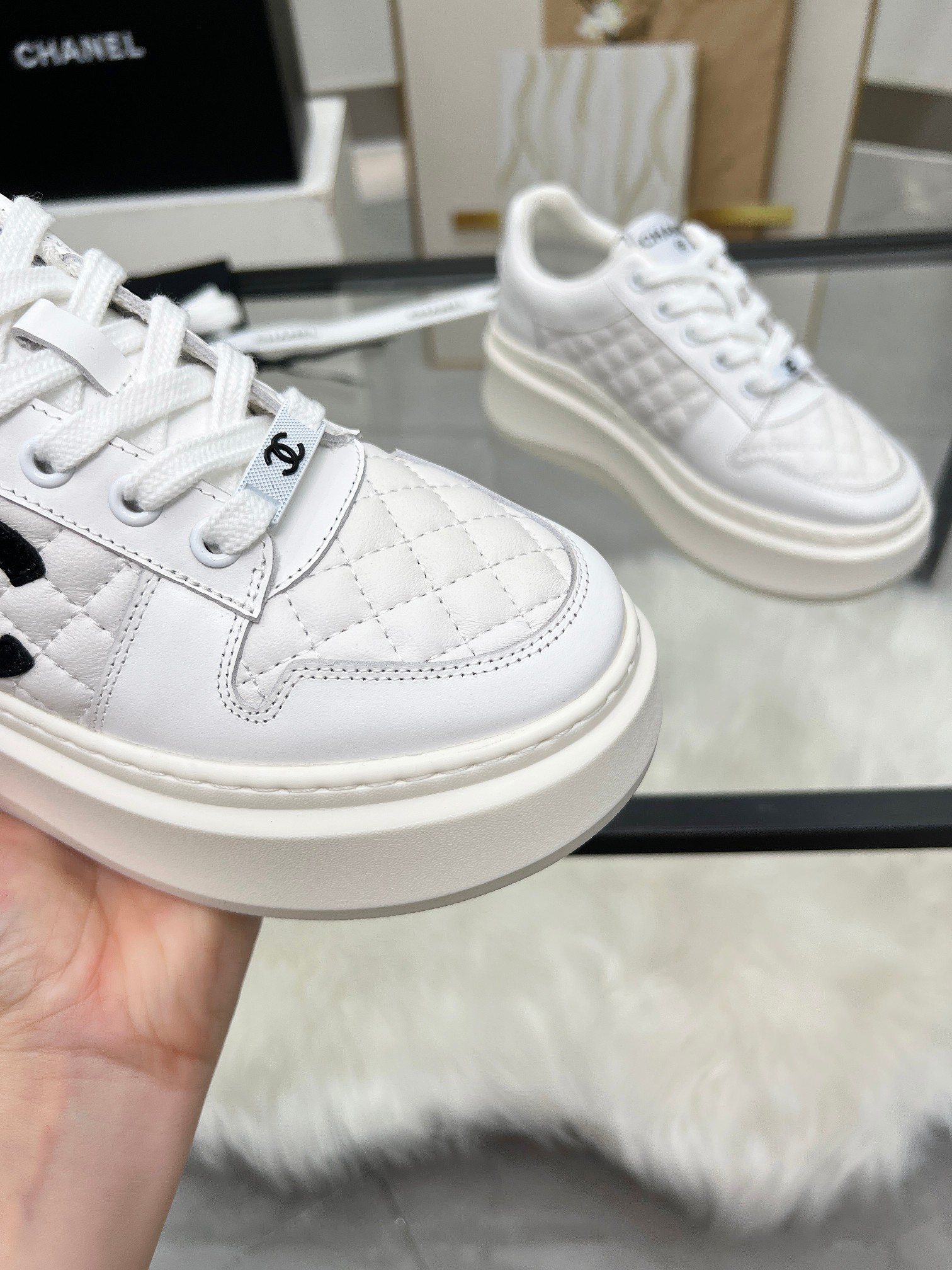 Chanel 25C Quilted Platform Sneakers White/Black