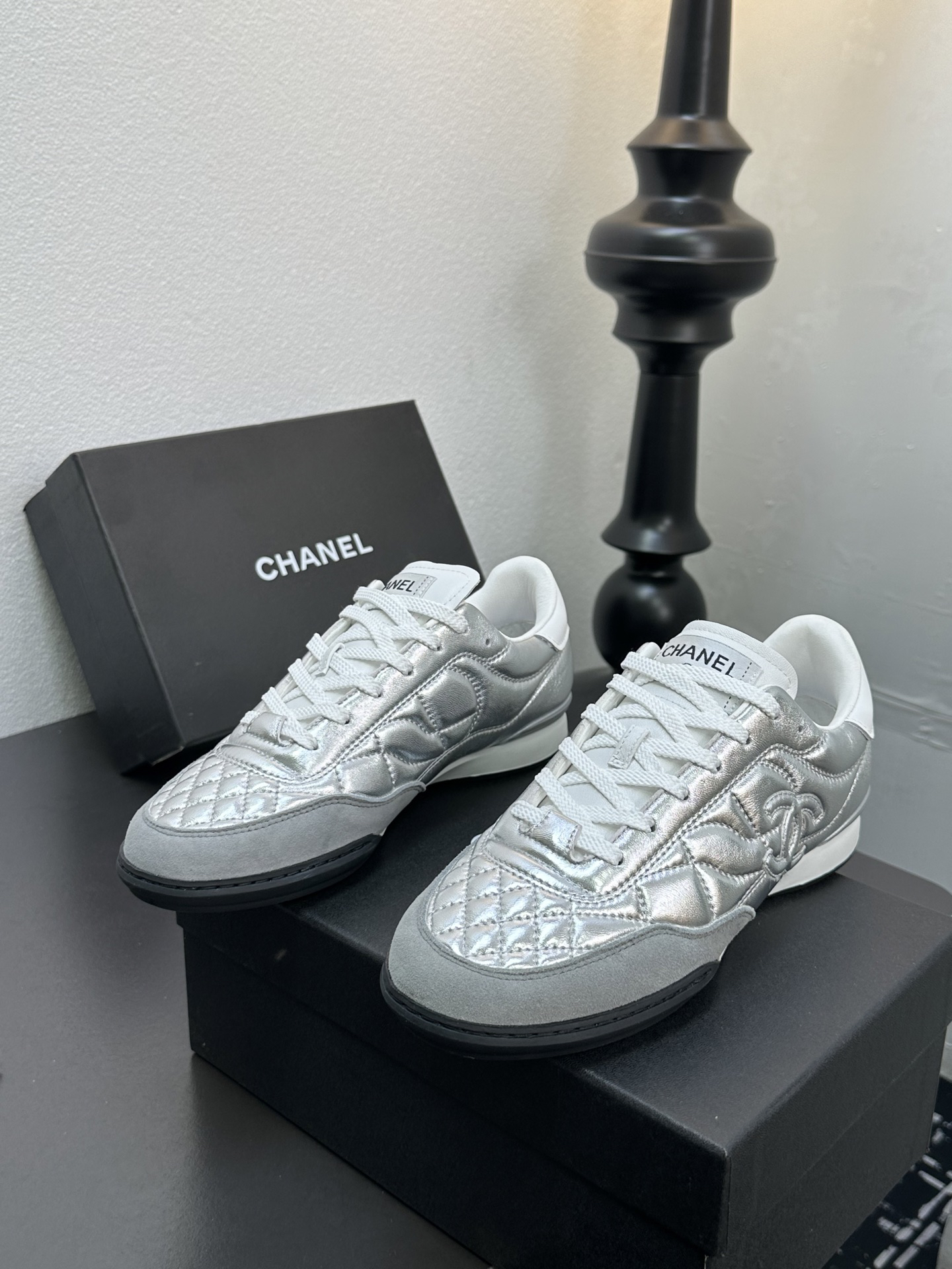 Chanel Quilted Leather Sneakers Silver