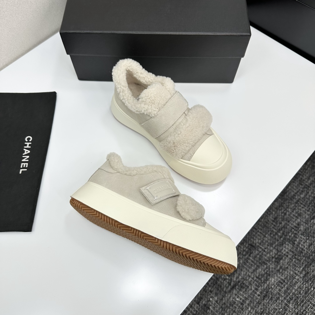 Chanel Shearling Strap Sneakers Beige