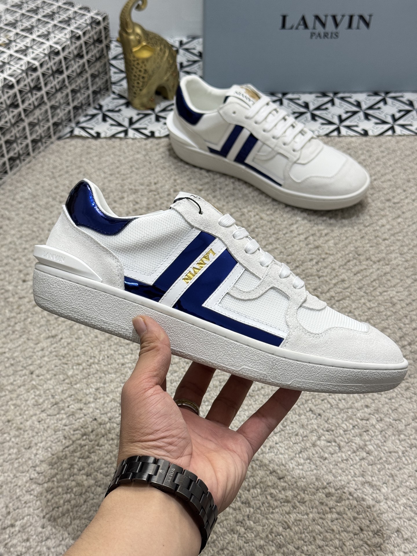 Lanvin Lace-Up Retro Sneakers White Navy
