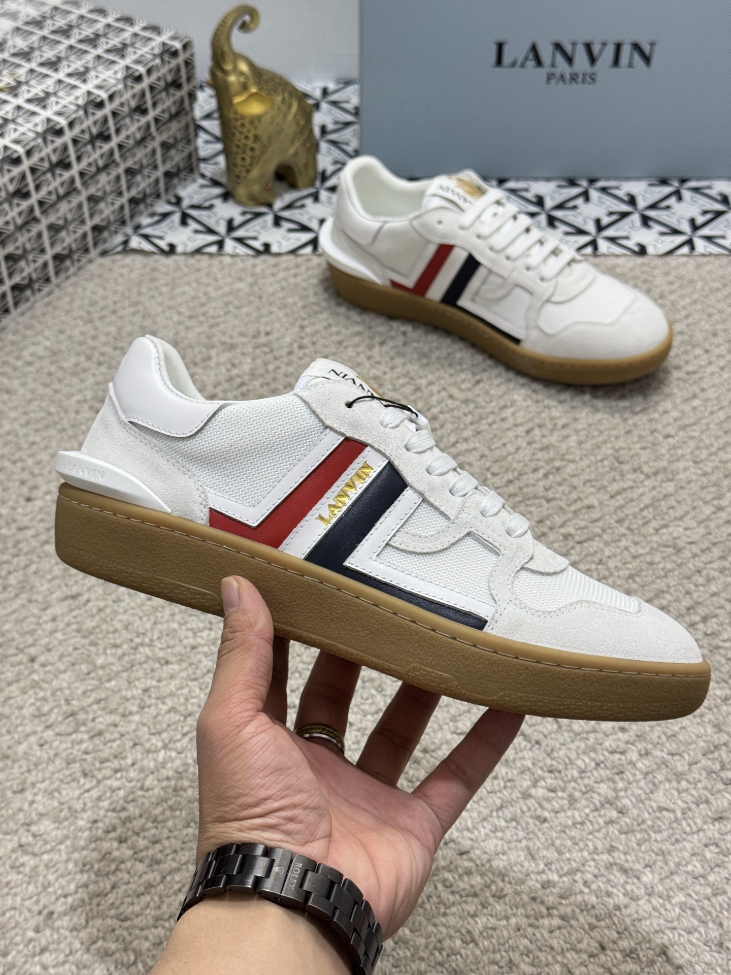 Lanvin Suede Mesh Low-Top Sneakers White/Red/Navy