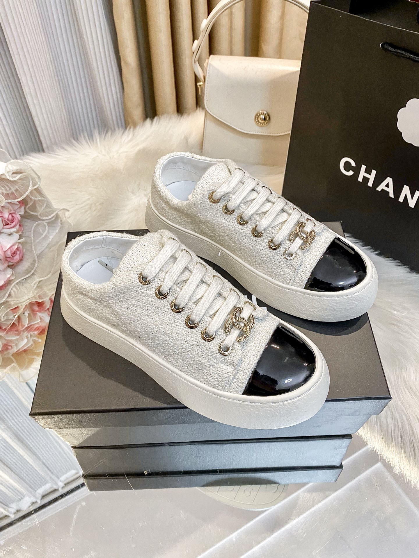 Chanel Tweed Platform Sneakers Black
