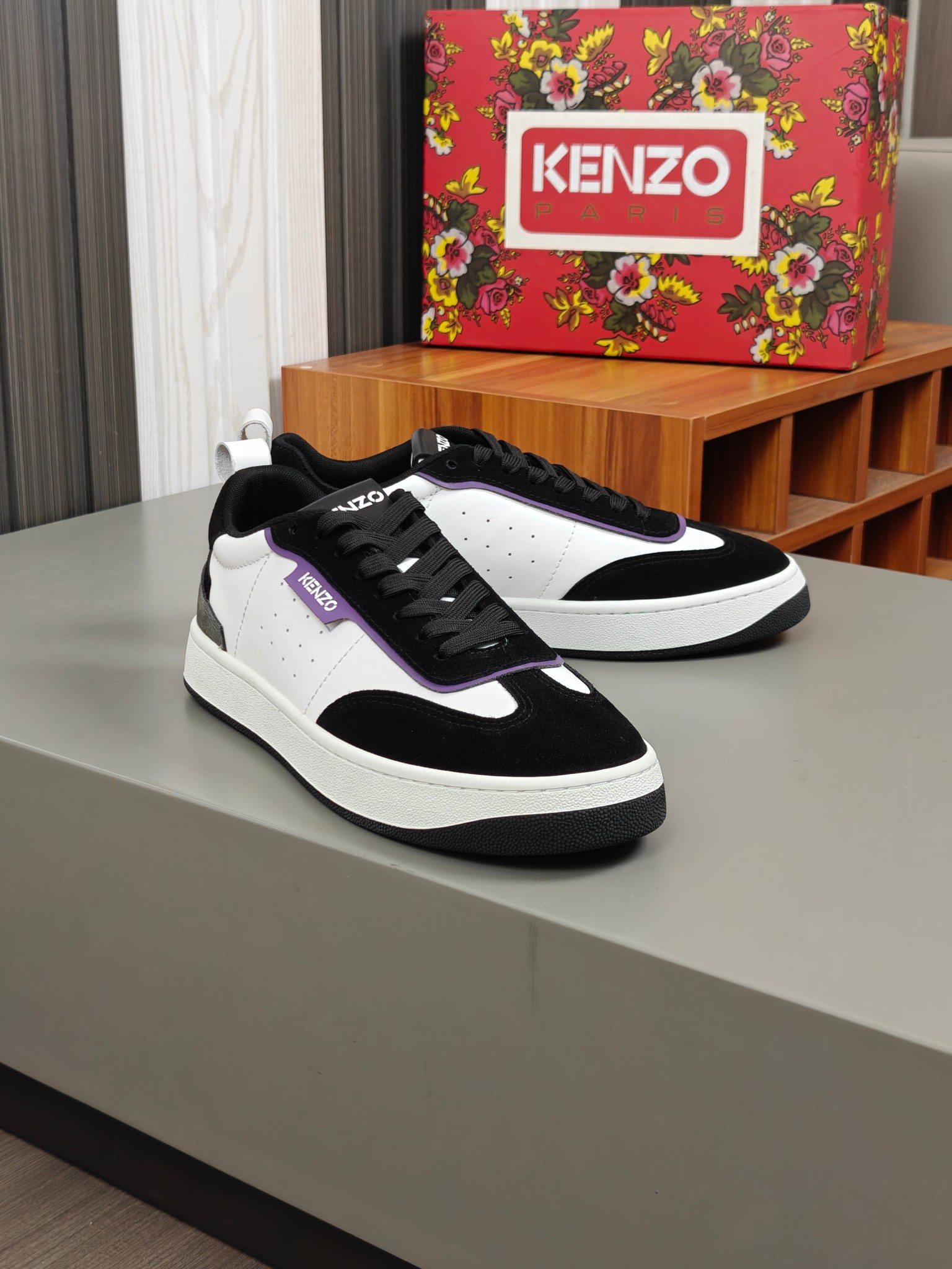 KENZO Men's Leather Sneakers Black/White/Purple