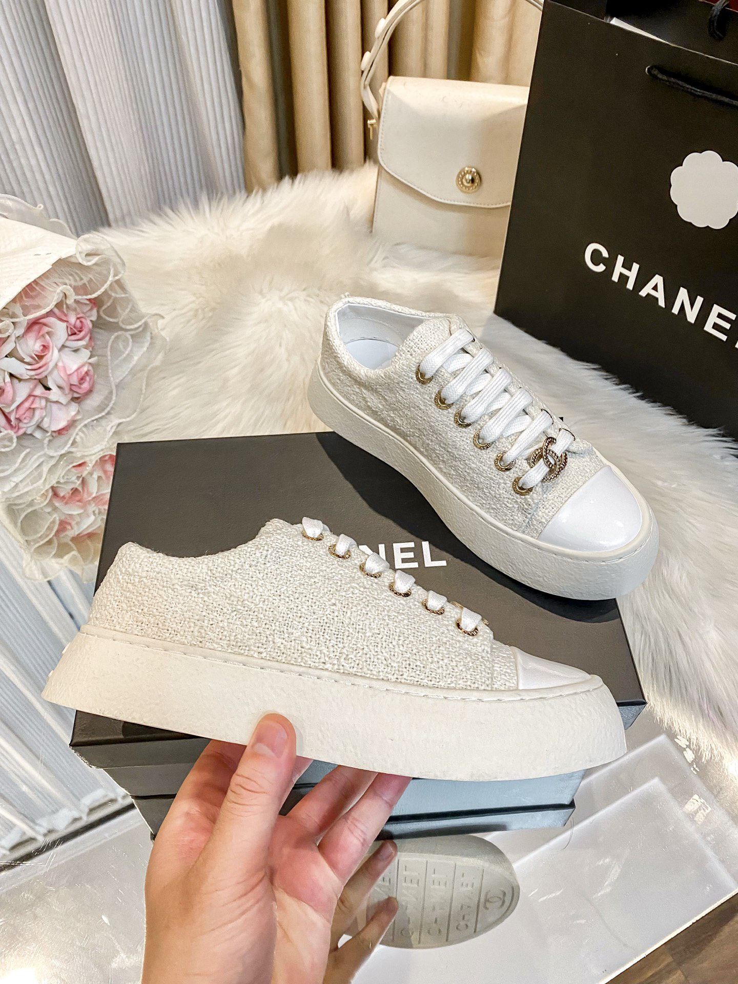 Chanel Tweed Platform Sneakers White