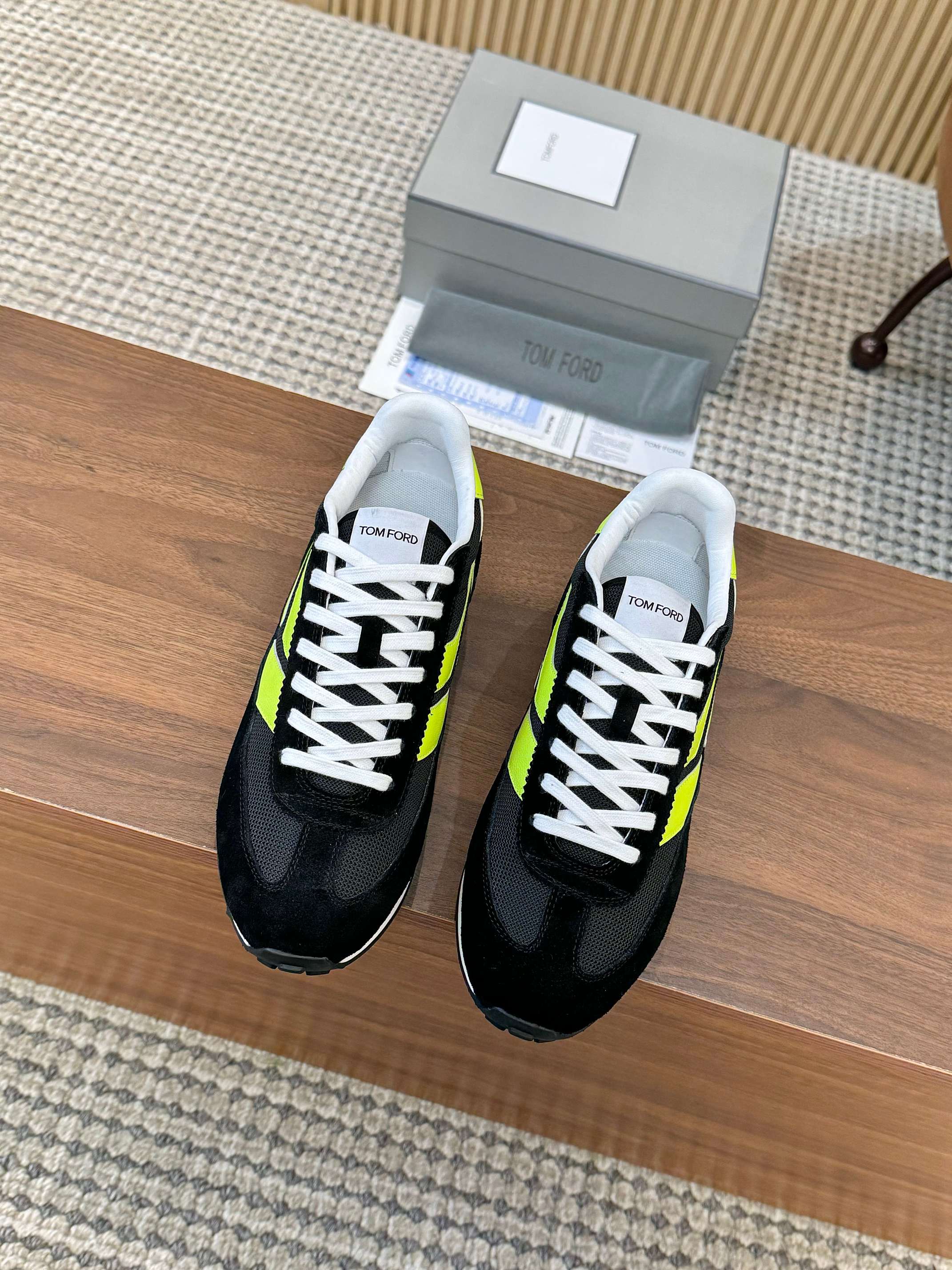 Tom Ford Mesh Suede Low-Top Sneakers Black/Neon Yellow