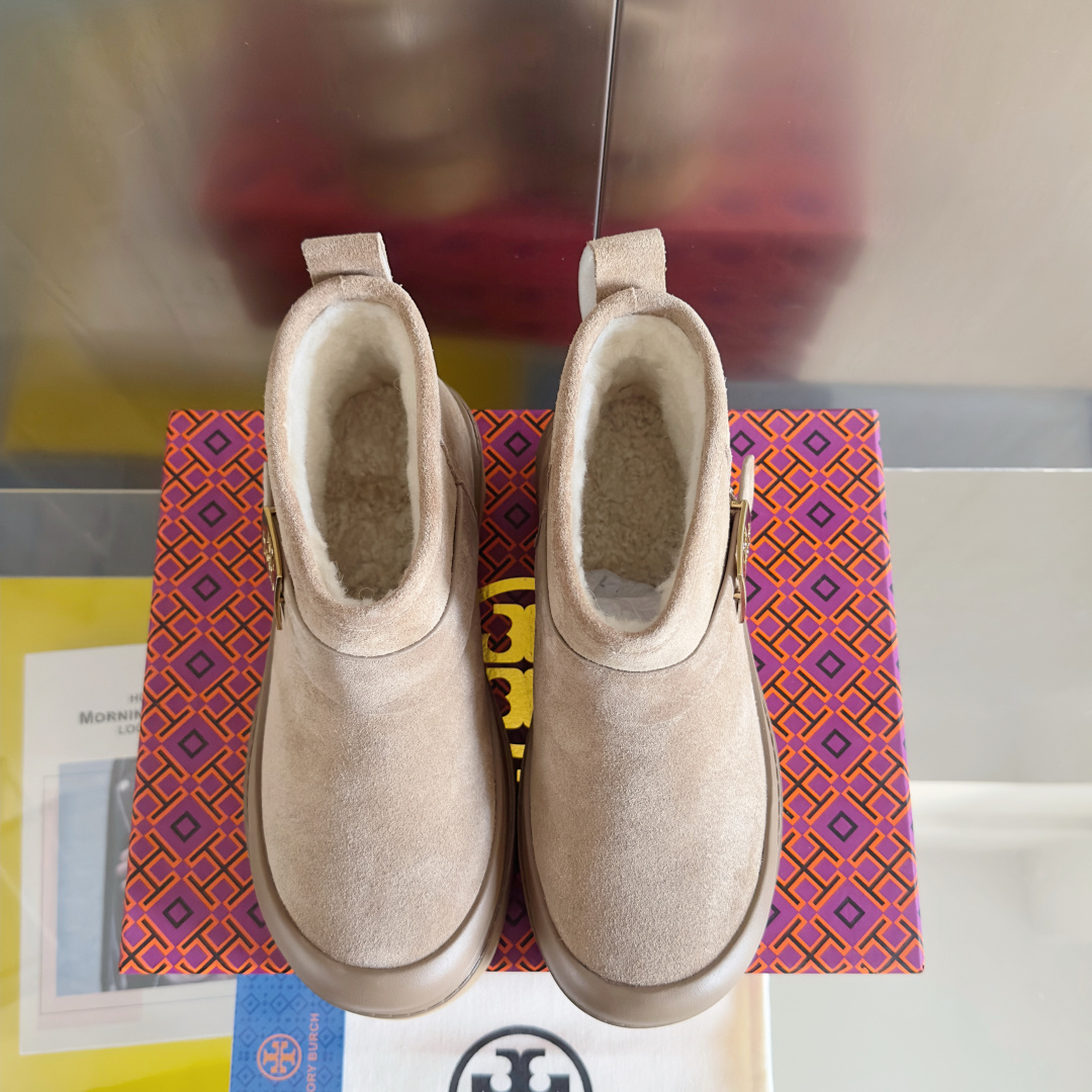 Tory Burch Mellow Shearling Platform Snow Boots Beige