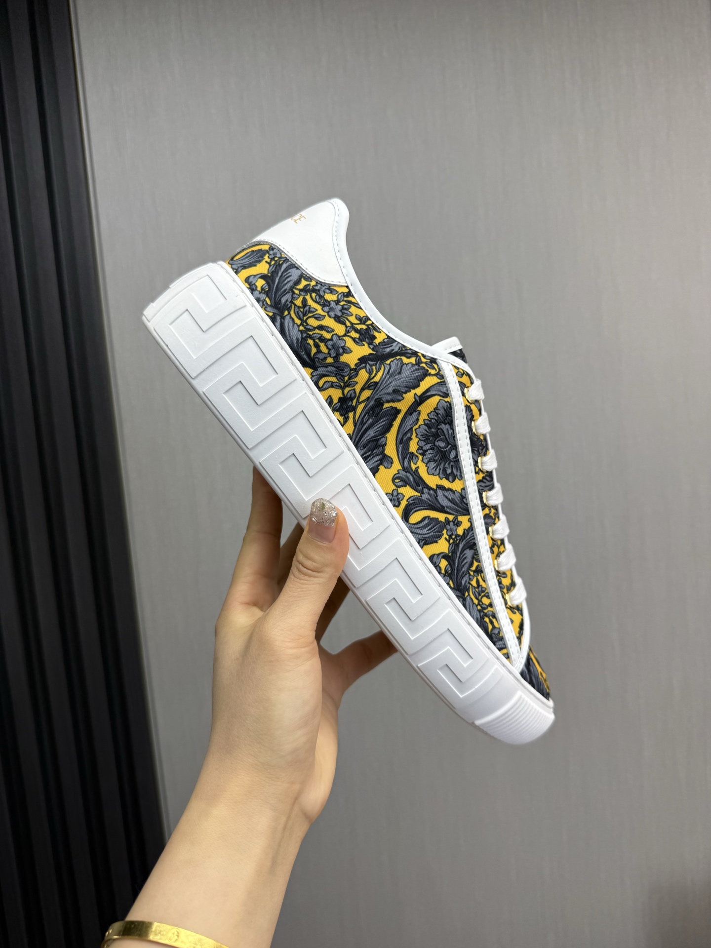Versace Barocco Print Leather Sneakers Yellow