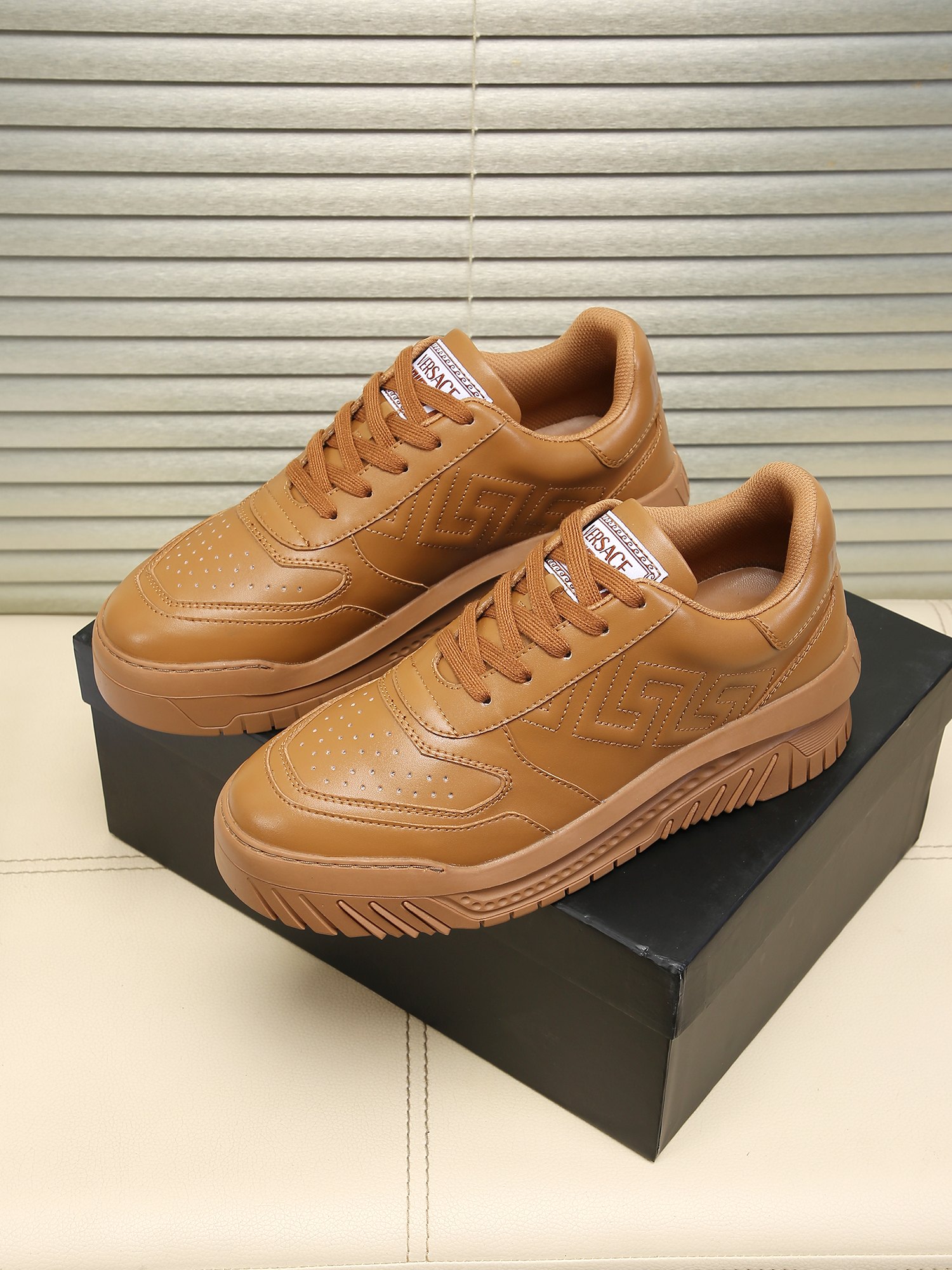 Versace Grace Labyrinth Knit Sneakers Brown
