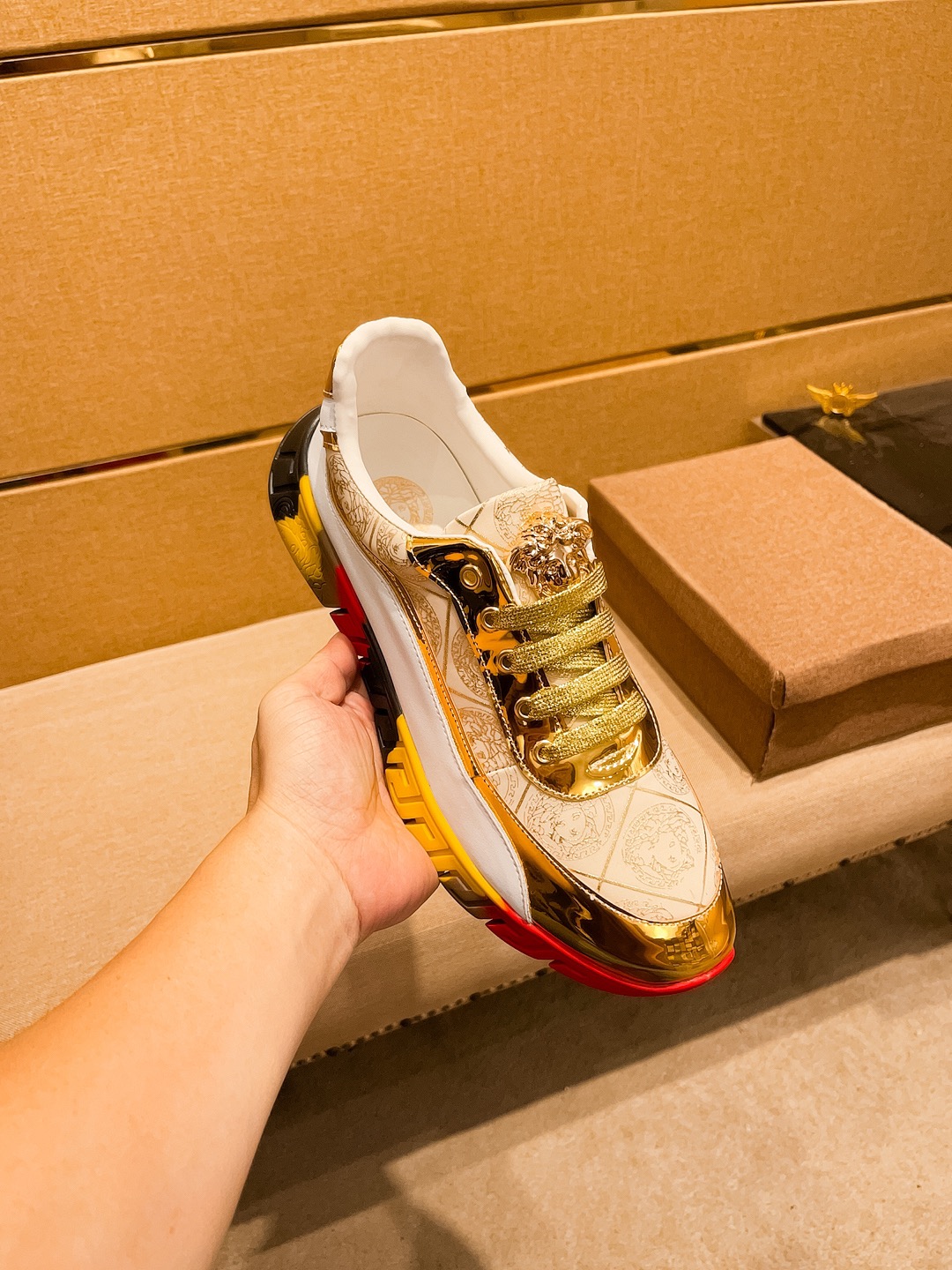 Versace Leather Runner Sneakers White Gold Multicolor