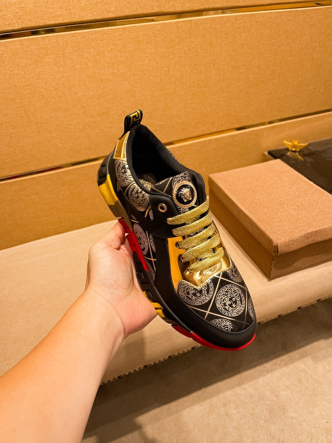 Versace Leather Low-Top Sneakers Black/Gold/Red