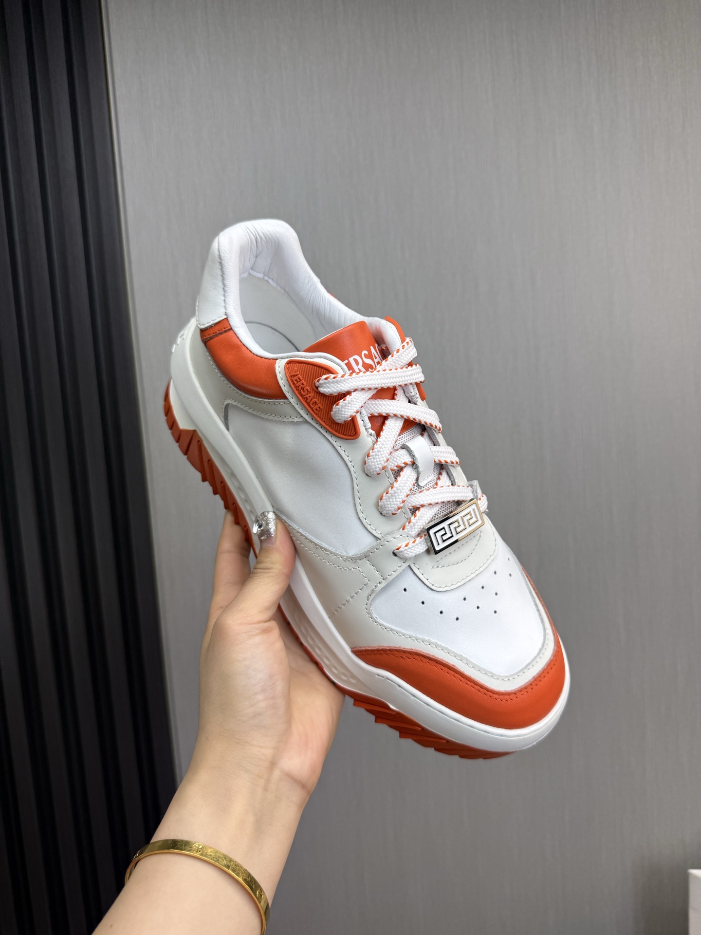 Versace Leather Casual Sneakers White-Orange