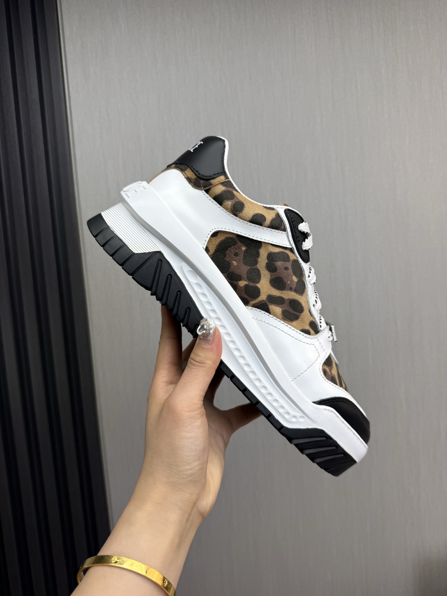 Versace Leather Casual Sneakers Leopard Brown