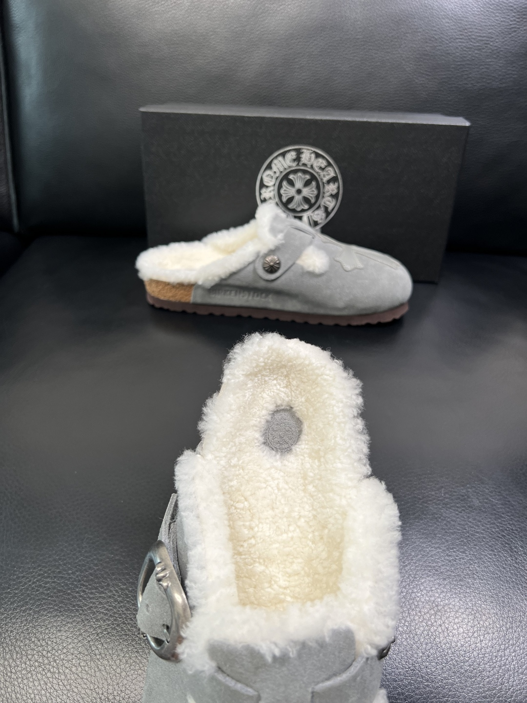 Chrome Heart Shearling-Lined Suede Clogs Gray