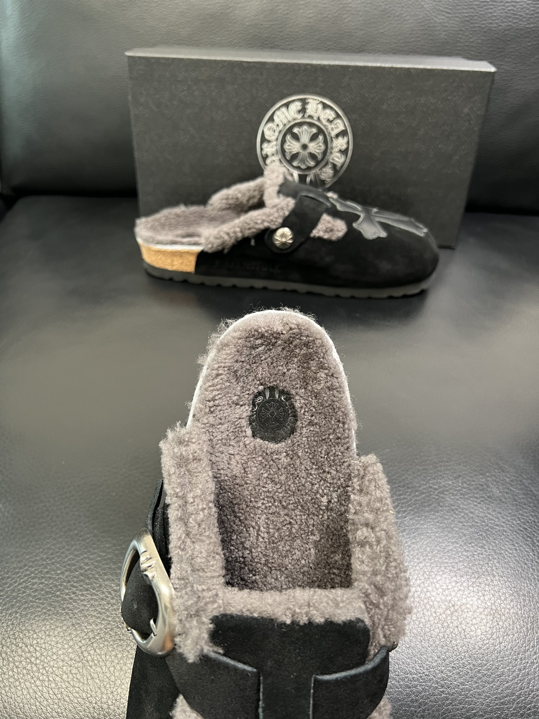 Chrome Heart Shearling Lined Suede Clogs Black