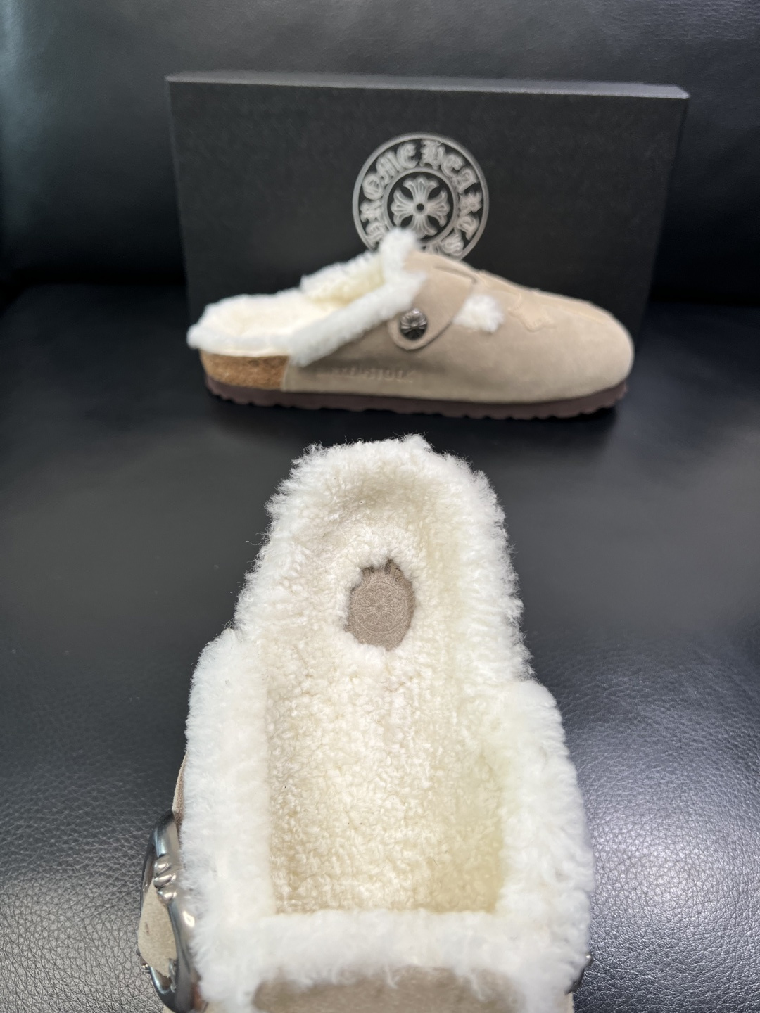 Chrome Heart Shearling Suede Clogs Beige