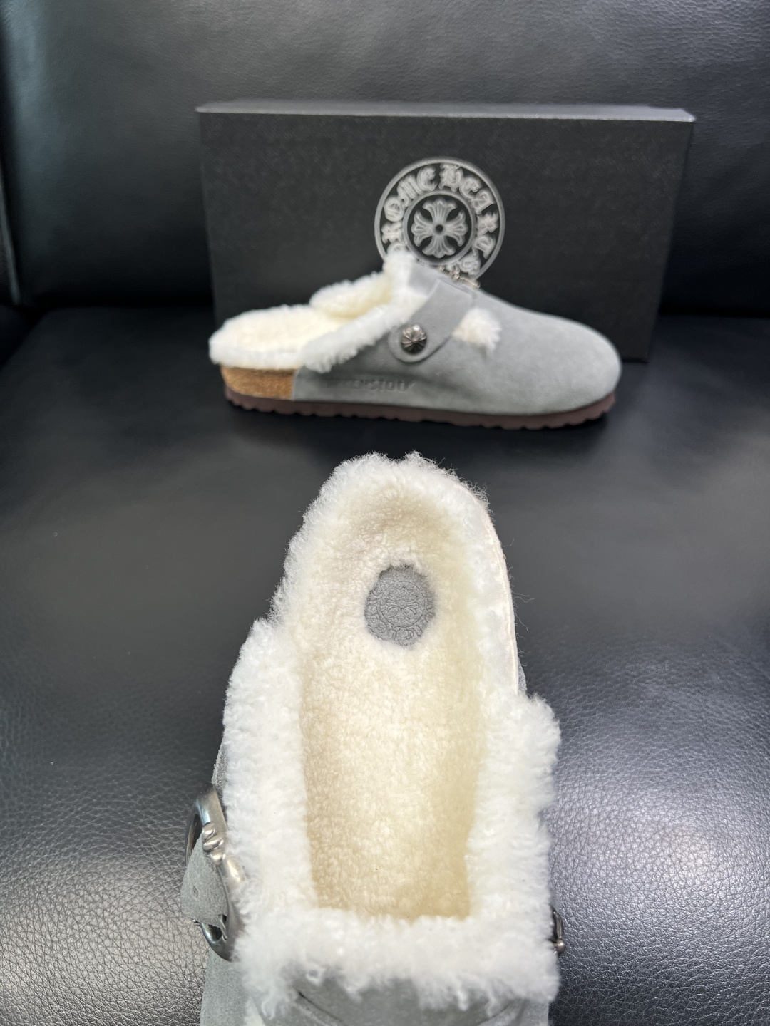 Chrome Heart Shearling Clogs Gray