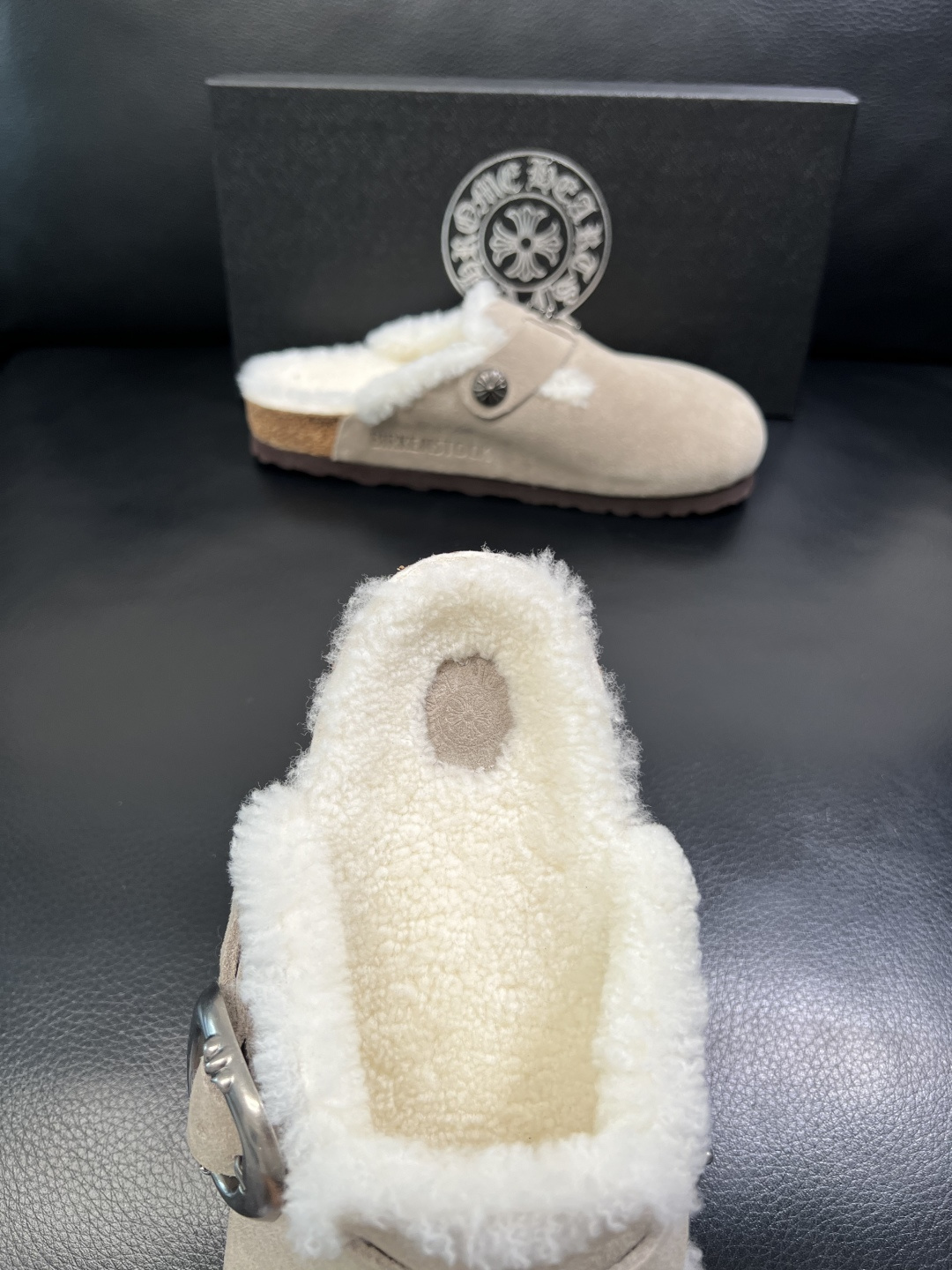 Chrome Heart Shearling-Lined Suede Clogs Beige