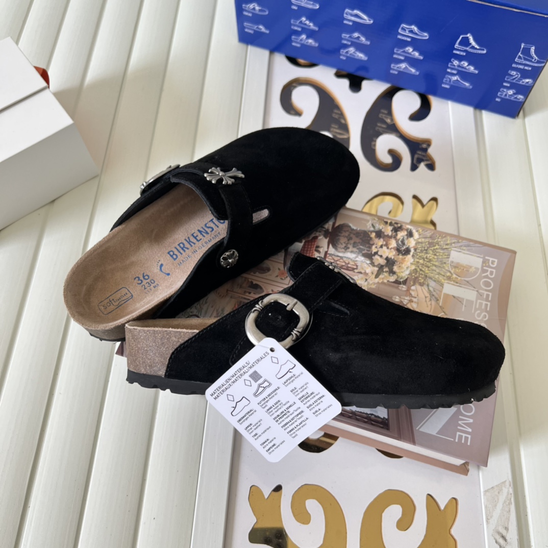 Birkenstock Suede Cross Buckle Clogs Black