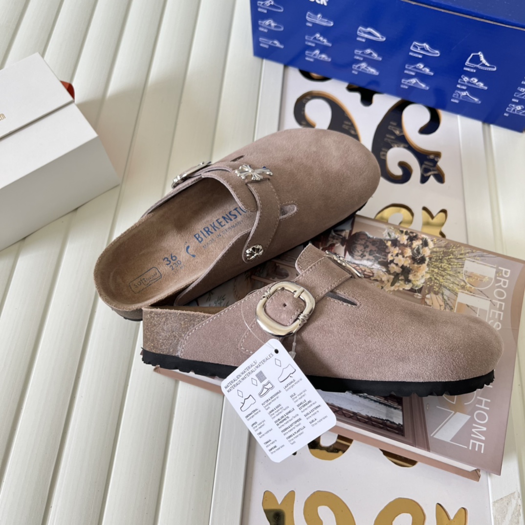 Birkenstock Suede Cross Buckle Clogs Taupe