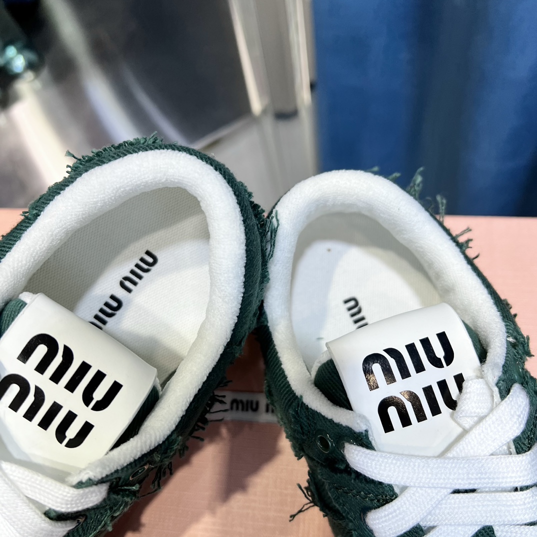 Miu Miu Frayed Canvas Sneakers Green