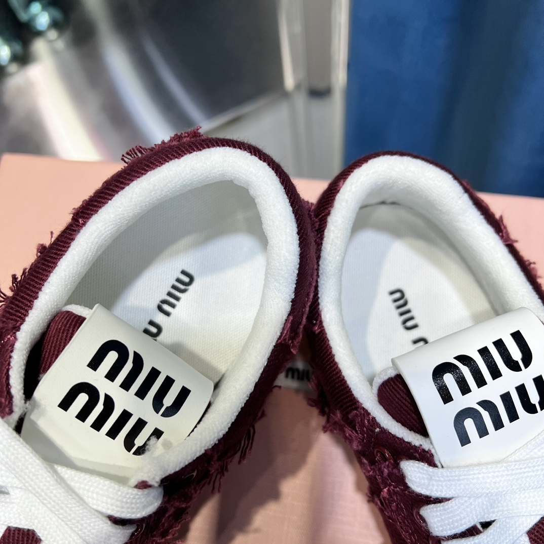 Miu Miu Frayed Canvas Sneaker Burgundy