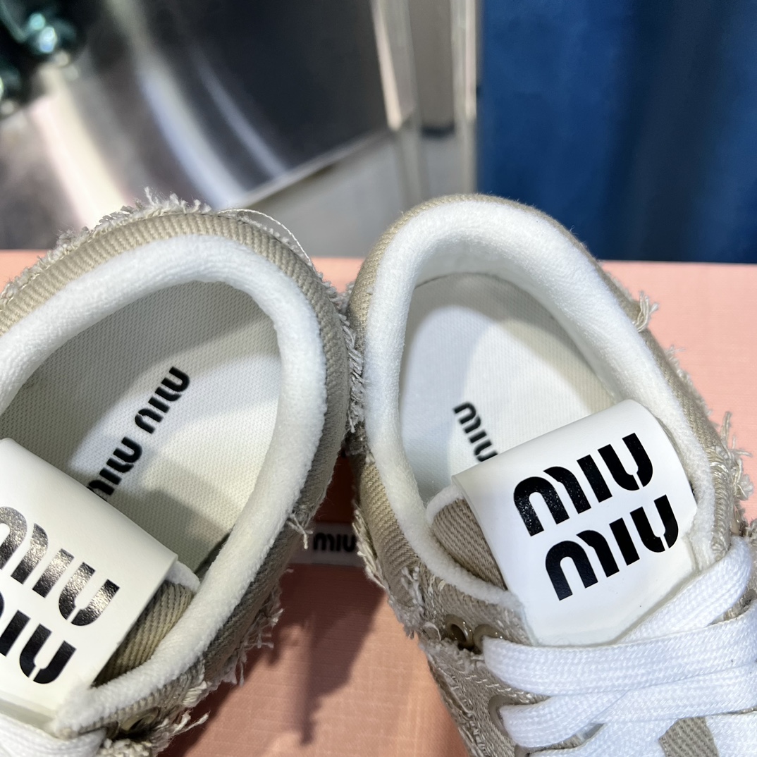 Miu Miu Distressed Fringe Canvas Sneakers Beige