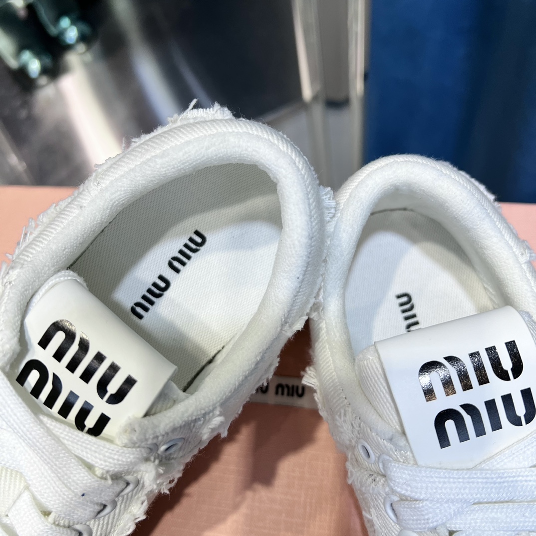 Miu Miu Frayed Canvas Sneakers White