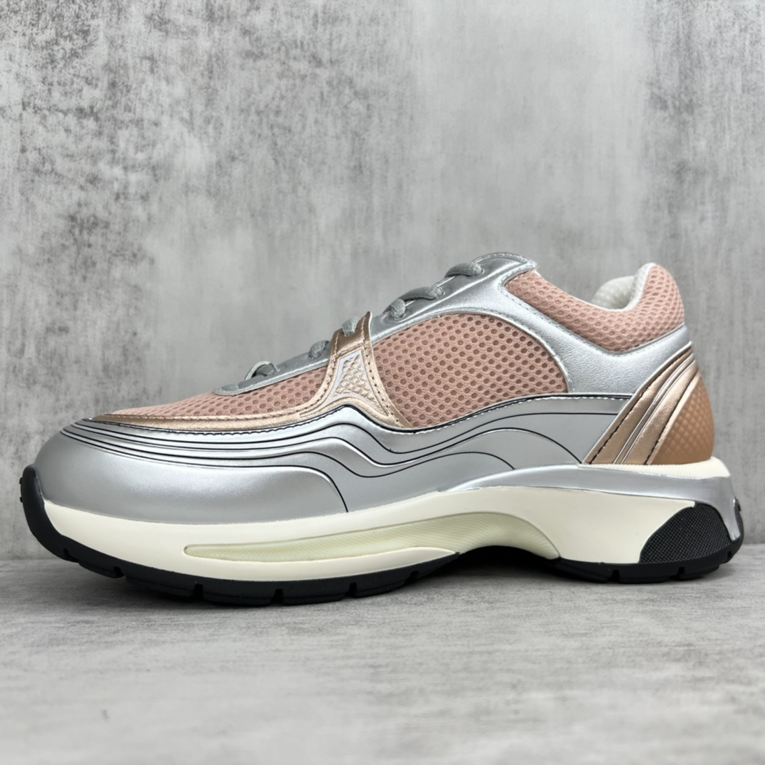 Chanel Mesh Leather Sneakers Silver Pink