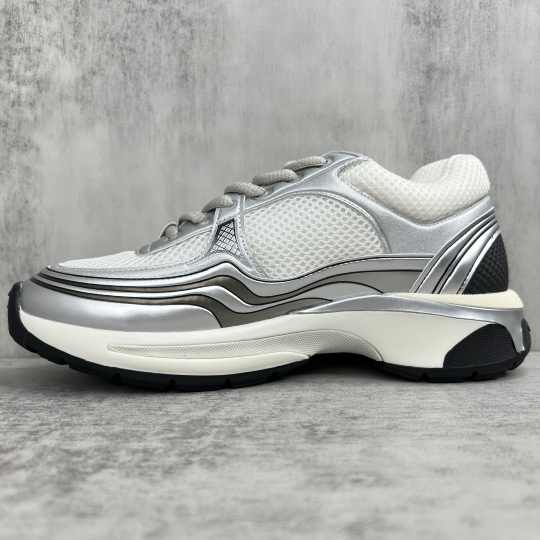 Chanel Mesh Leather Sneakers Silver