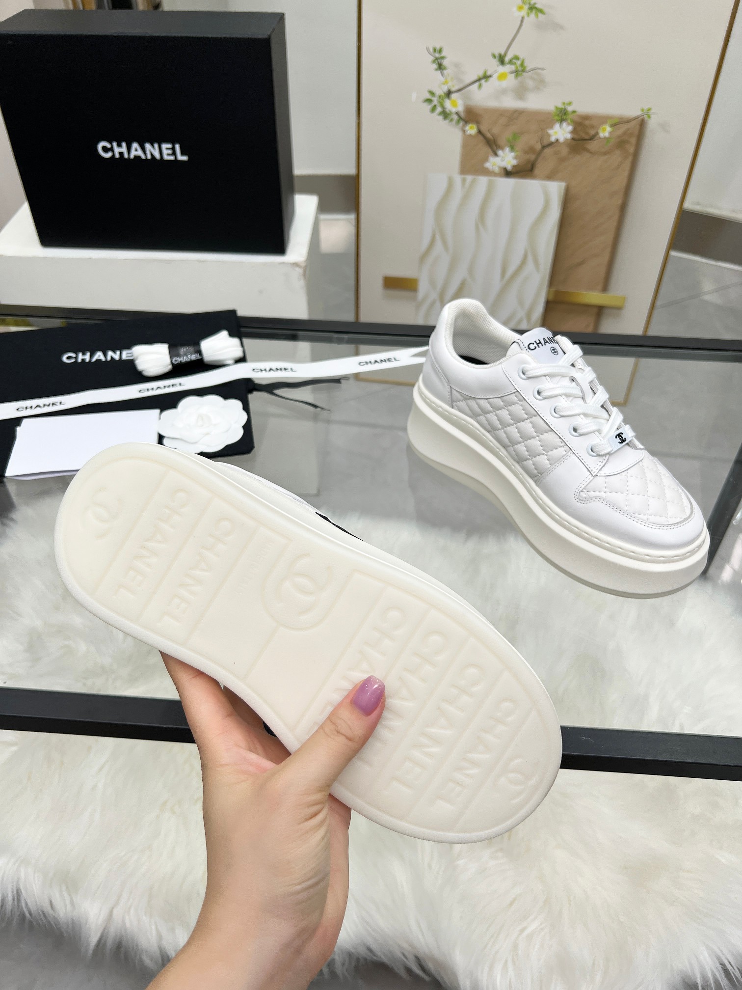 Chanel 25C Quilted Platform Sneakers White/Black