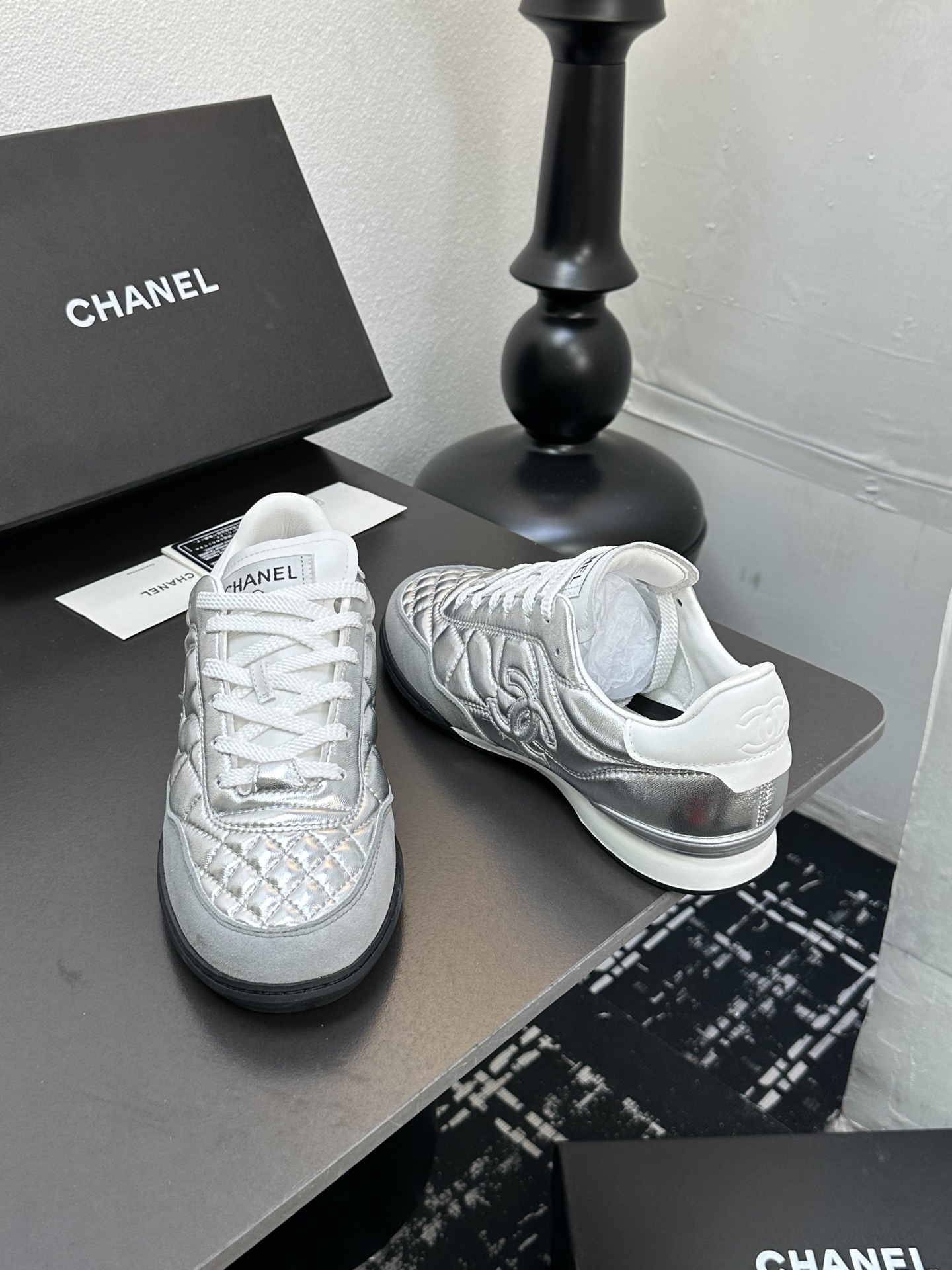 Chanel Quilted Leather Sneakers Silver
