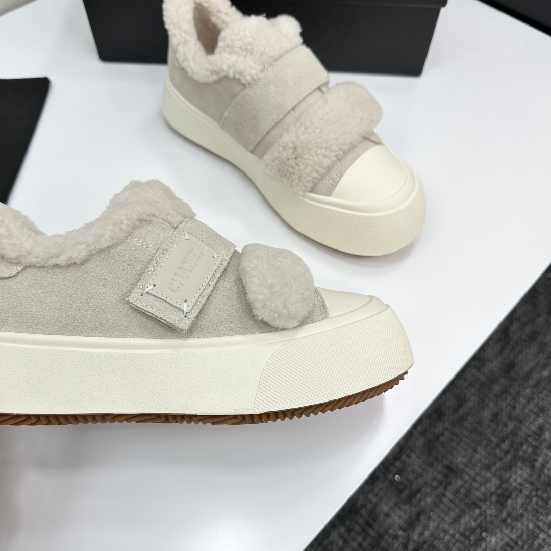 Chanel Shearling Strap Sneakers Beige