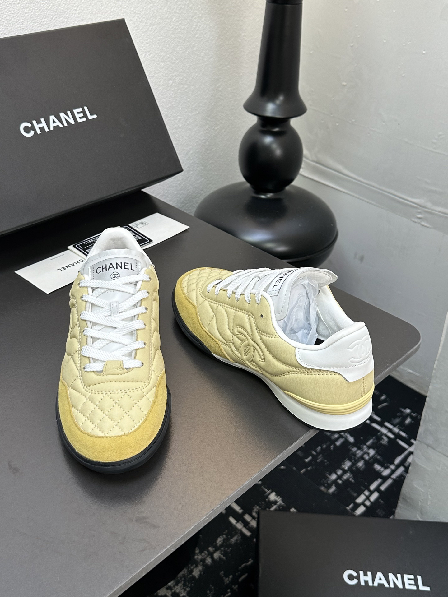 Chanel Quilted Leather Sneakers Beige