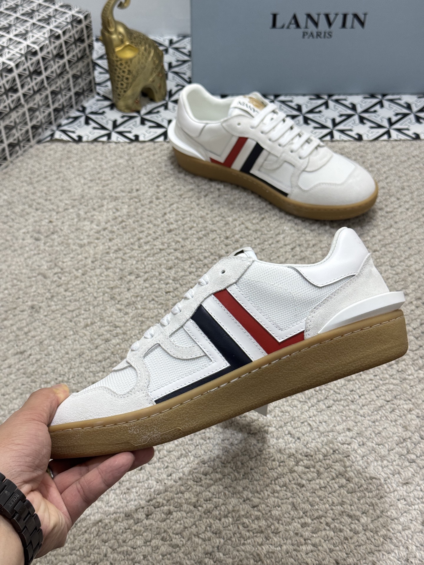 Lanvin Suede Mesh Low-Top Sneakers White/Red/Navy