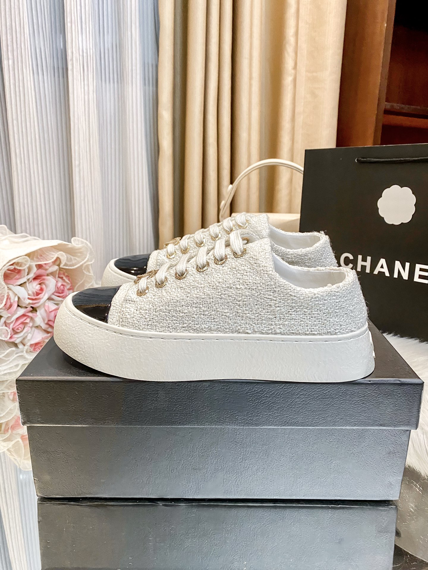Chanel Tweed Platform Sneakers Black