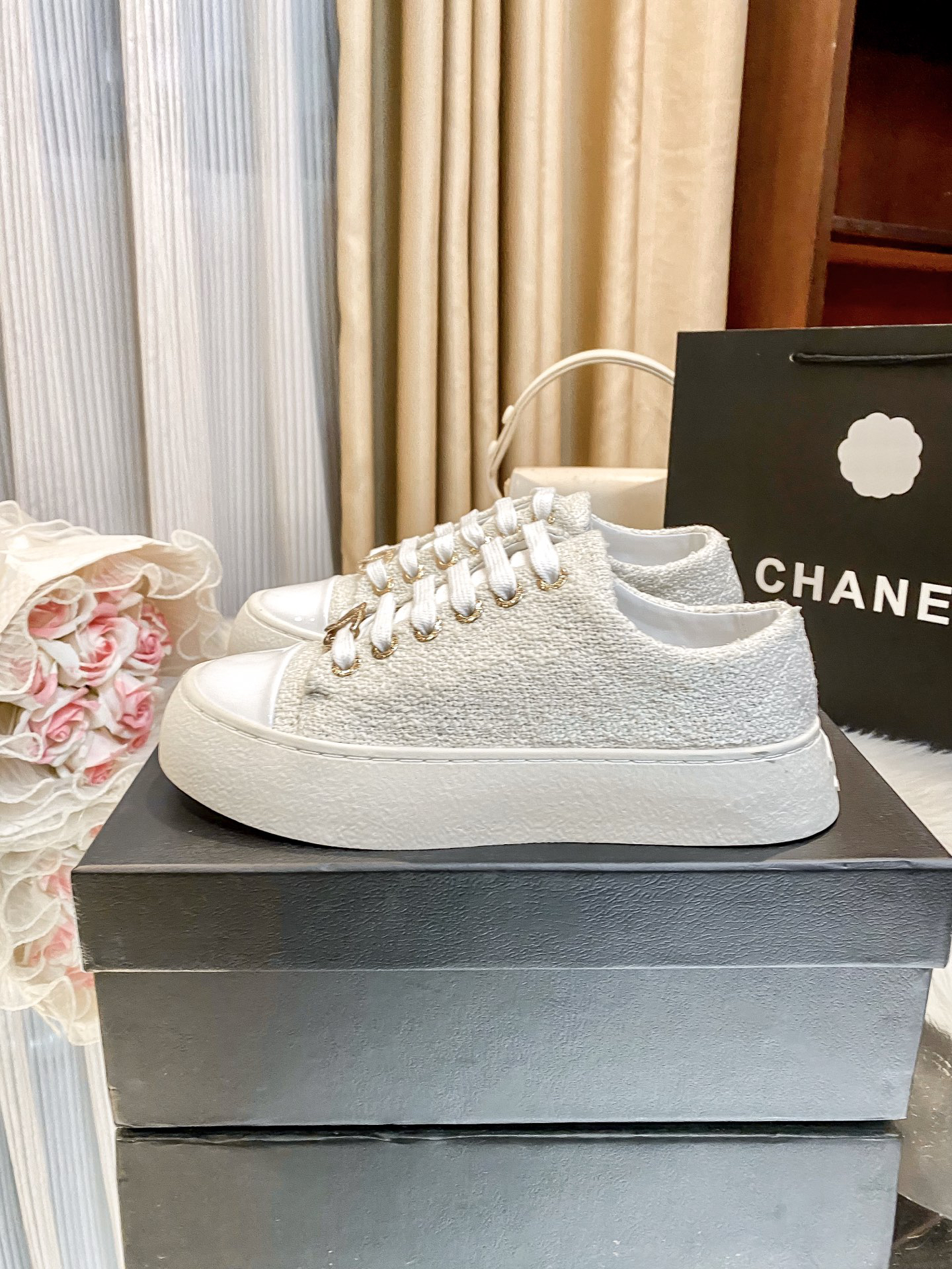 Chanel Tweed Platform Sneakers White