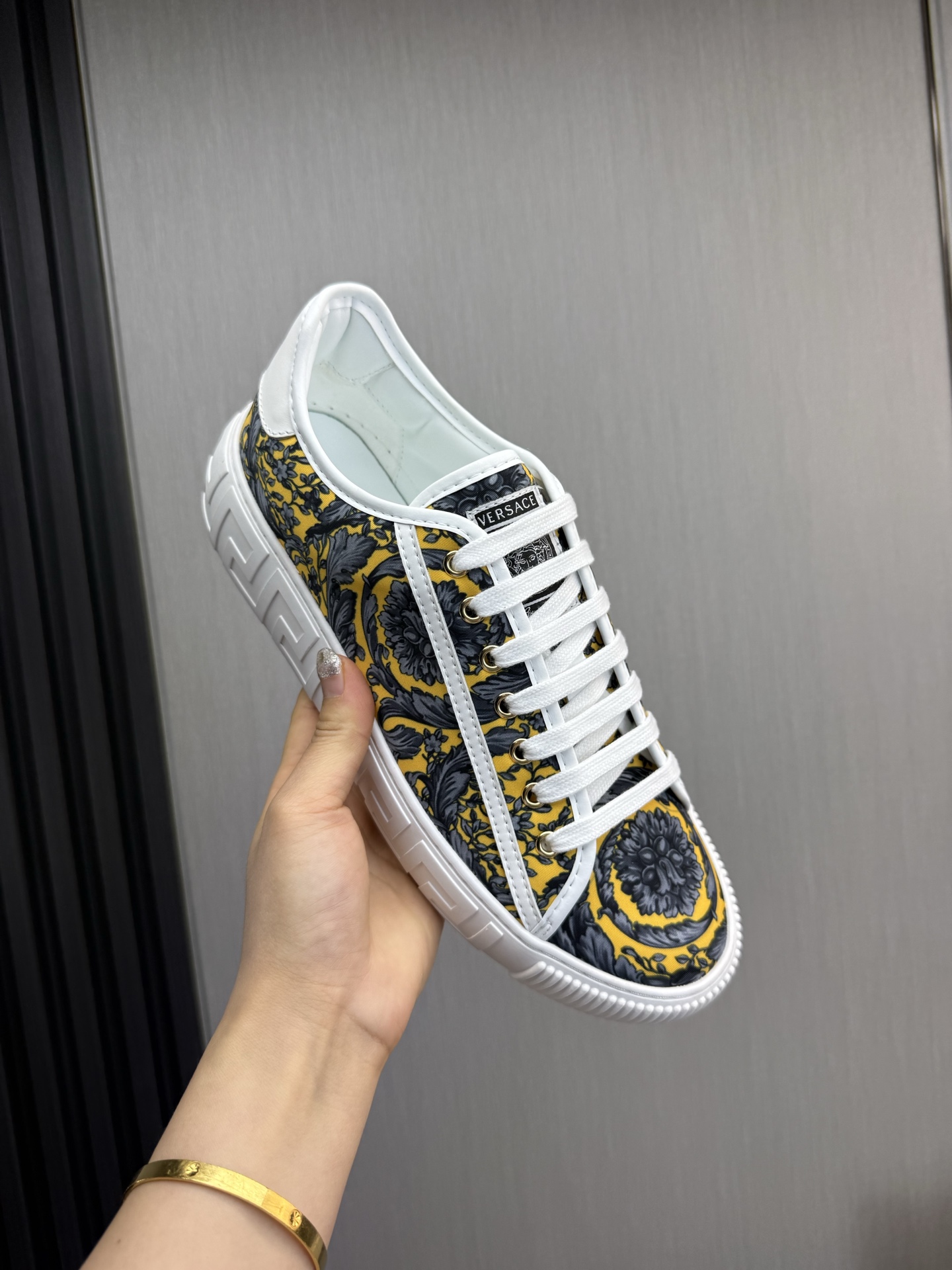 Versace Barocco Print Leather Sneakers Yellow