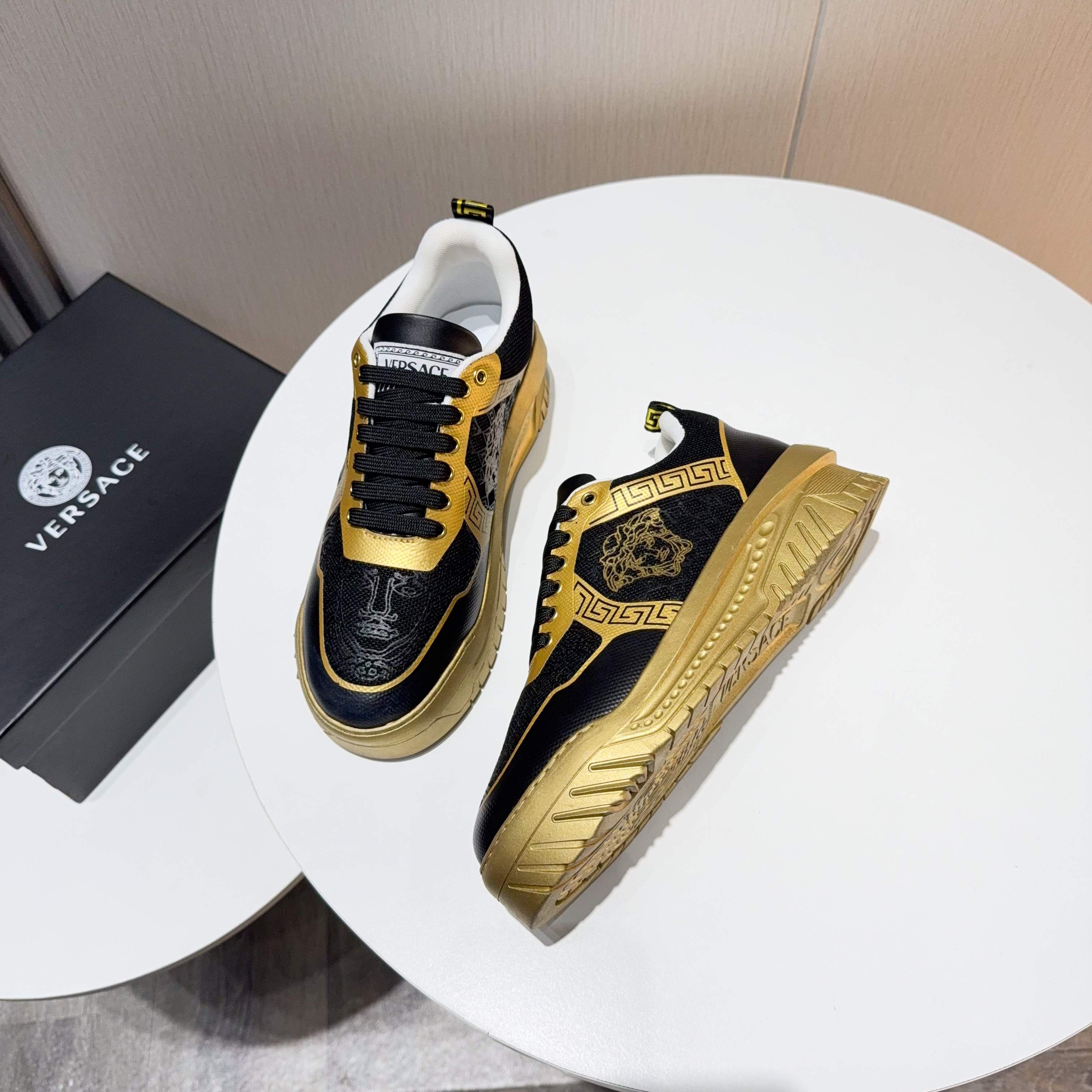 Versace Grace Labyrinth Knit Sneakers Black Gold