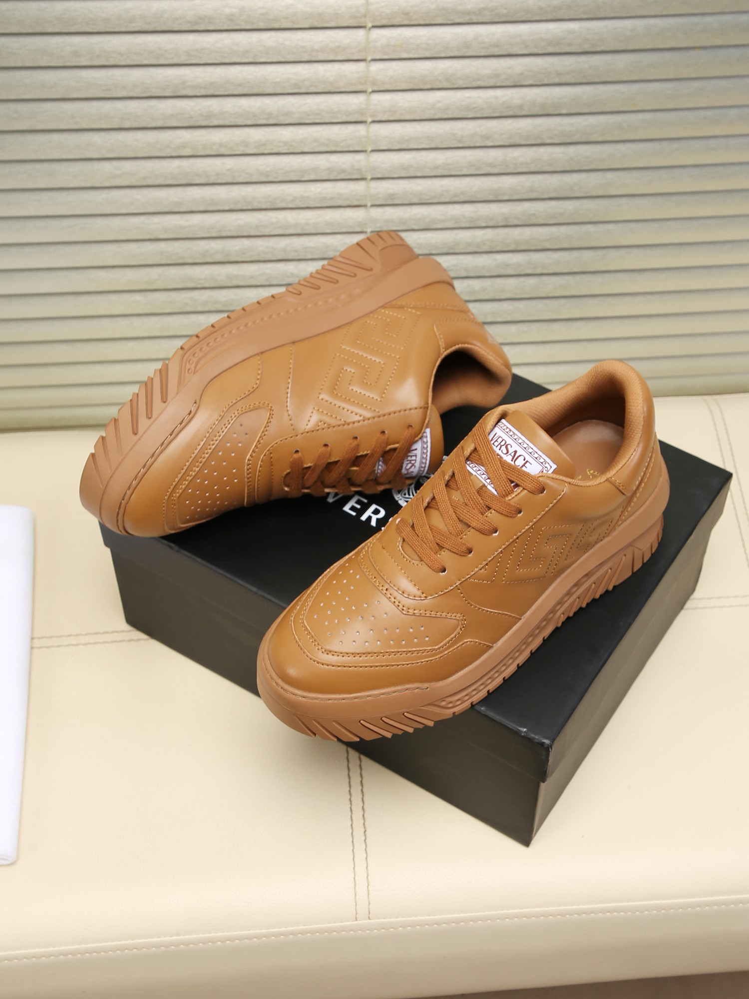 Versace Grace Labyrinth Knit Sneakers Brown