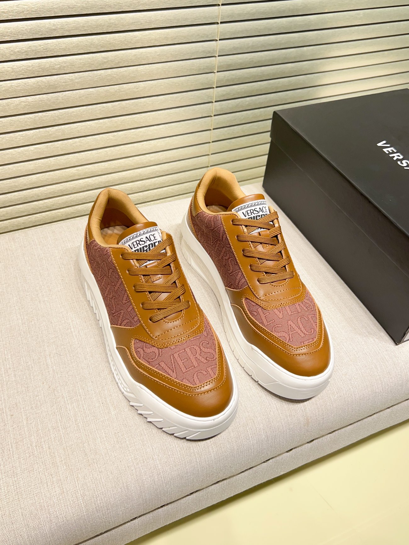 Versace Greca Knit Casual Sneakers Brown