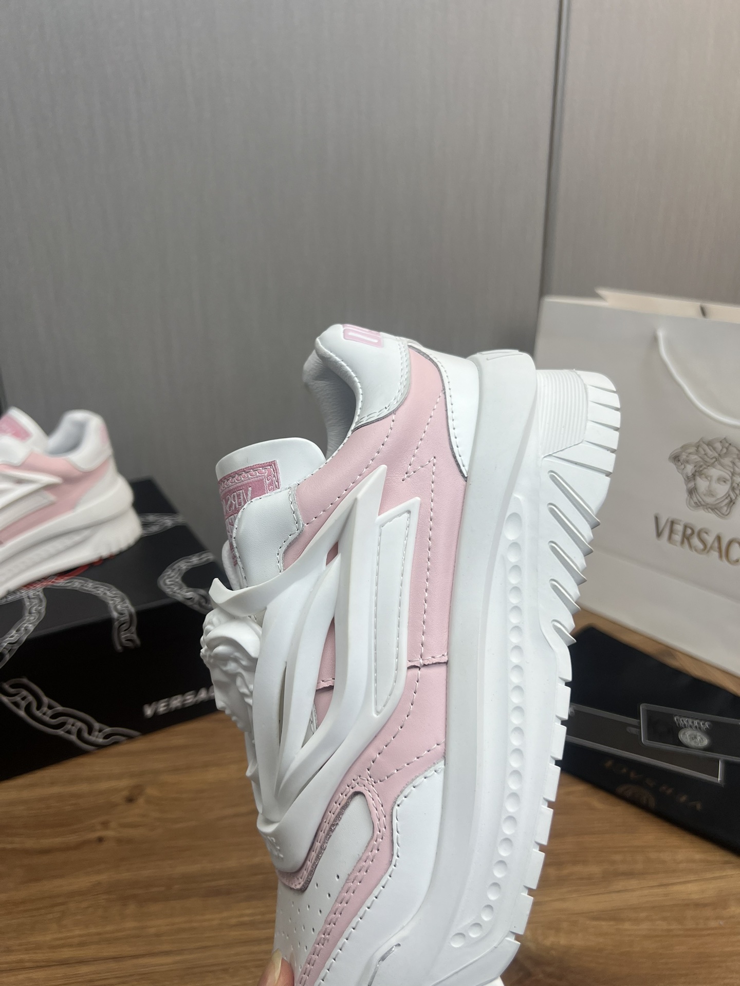 Versace Leather Chunky Sneakers White Pink