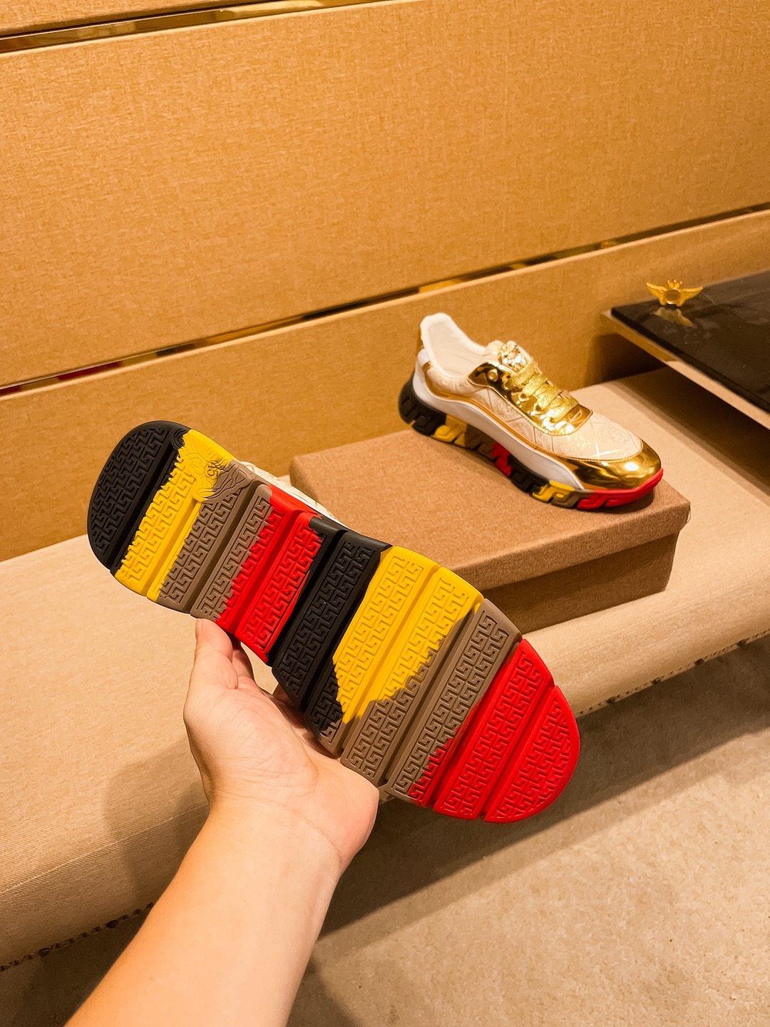 Versace Leather Runner Sneakers White Gold Multicolor