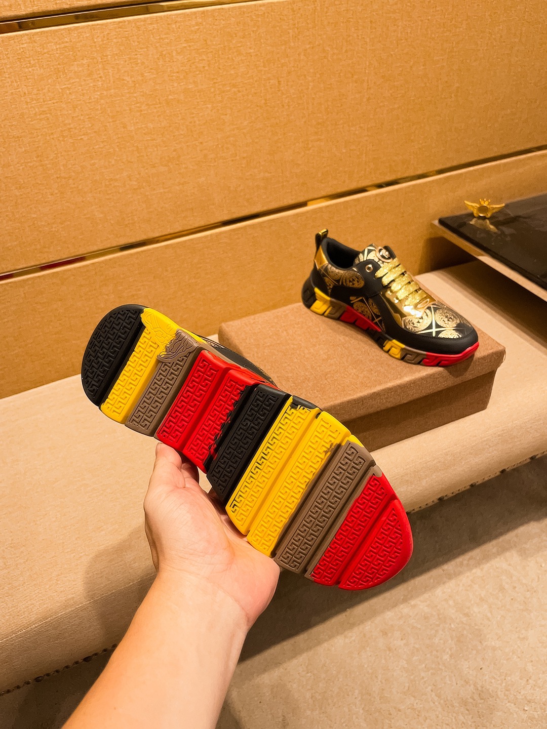 Versace Leather Low-Top Sneakers Black/Gold/Red
